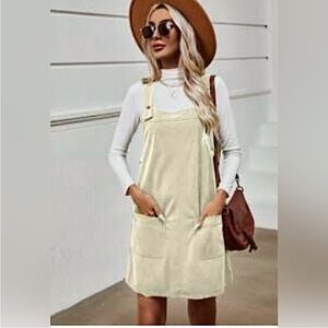 🍓 SHEIN Overall Dress Size SMALL Frenchy Solid Dual Pocket Ivory Preppy Chore